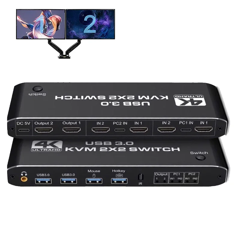 Подвійний монітор HDMI KVM Switch 2x2 USB3.0 HDMI KVM Switch 2 in 2 out 4K 60Hz 2x2 Mixed Display 2 Monitors 2 Computer for PC laptop