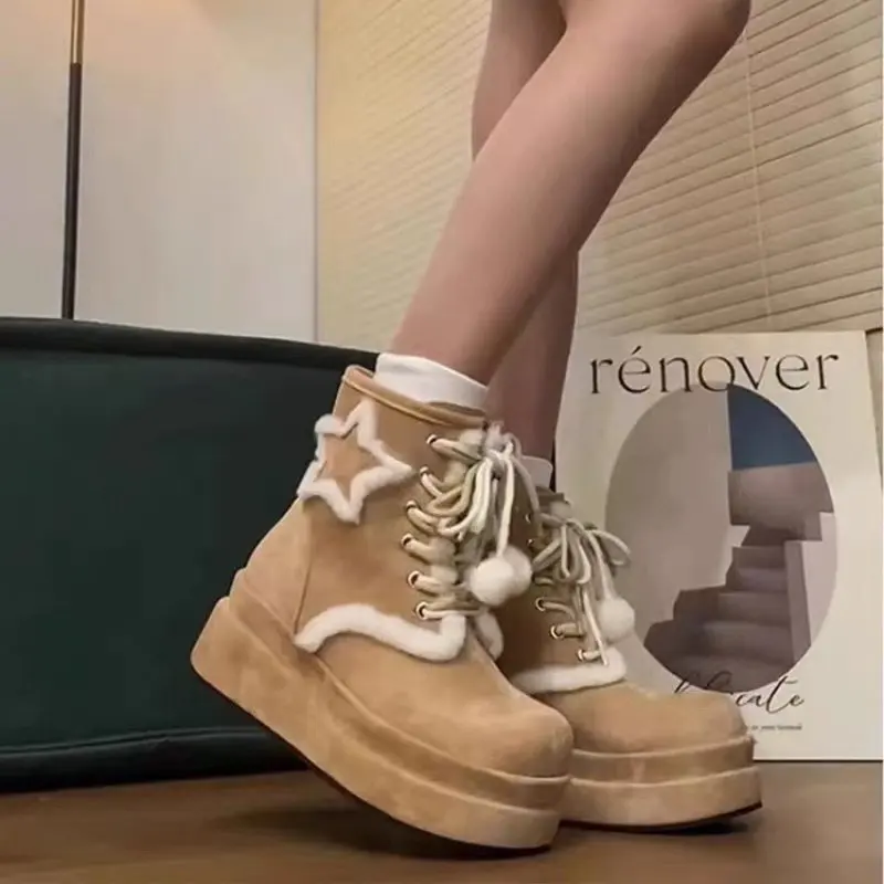 2024 NEW Snow Boots Women Winter Shoes Thick-Soled Mid-Calf Boots For Women British Retro Platform Boots Thick Furry Shoes 40