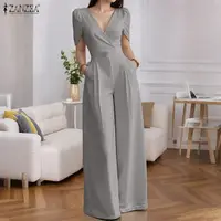 Women Playsuits ZANZEA 2025 Fashion Party Jumpsuits Short Sleeve V-Neck Casual Rompers Summer Solid Elegant Pockets Streetwear