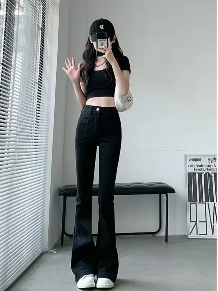 Winter trend dark washed pants, simple and thickened women's fashion natural waist micro flared pants, jeans, zipper