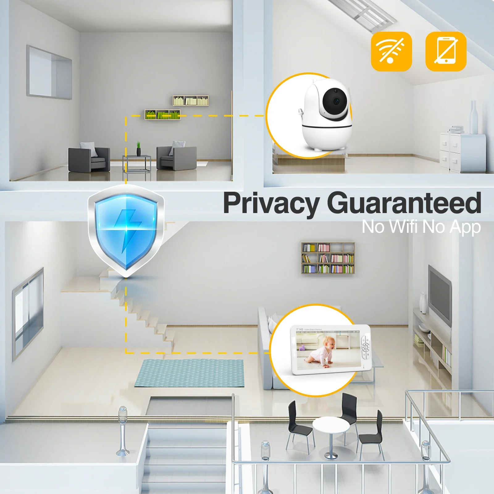 Babystar 7" HD Split Screen Video Baby Monitor No WiFi, Baby Camera Monitor, Hack Proof, Remote Zoom/Pan/Tilt, 4000mAh Battery 4