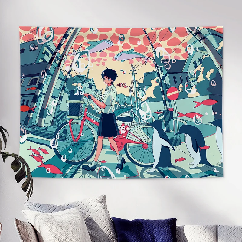 Japanese Hand-painted Illustration Printed Tapestry Cartoon Anime Whale City Landscape Tapestry Wall Hanging Kawaii Room Decor tapestry decor anime wall decor