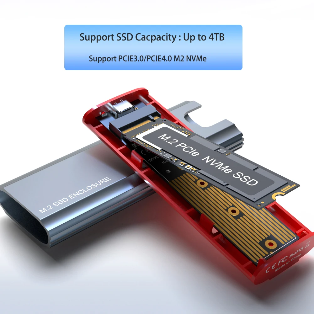 M.2 NVMe SSD 인클로저 어댑터, 3.1 2 세대 USBC-NVMe PCIe 외부 휴대용 HD 박스 도구 무료 알루미늄 케이스, M2 NVMe용, 10Gbps ssd nvme 외장케이스 m 2 nvme