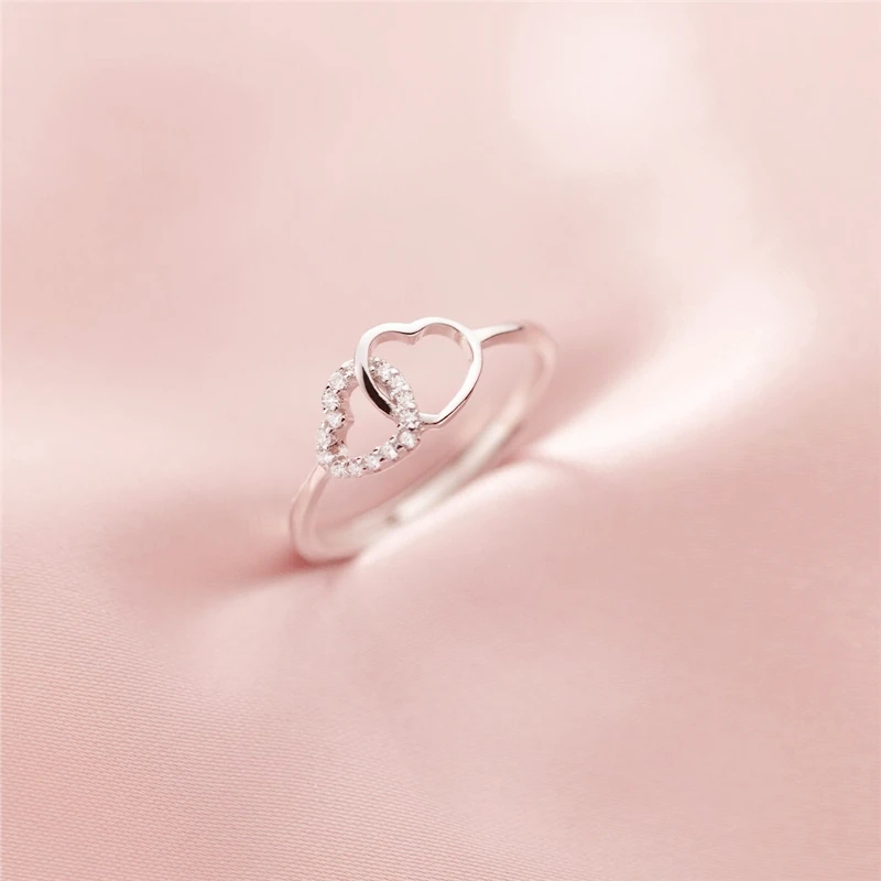 WYEAIIR 925 Sterling Silver Sweet Romantic Openwork Zircon Two Hearts Resizable Opening Ring For Women Luxury Jewelry 3