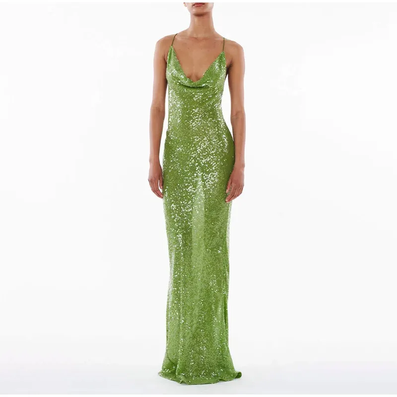 Green Sequin Glitter Backless Maxi Dress For Women Sexy Swing Collar Sleeveless Skinny Long Vestidos Elegant Night Party Robe