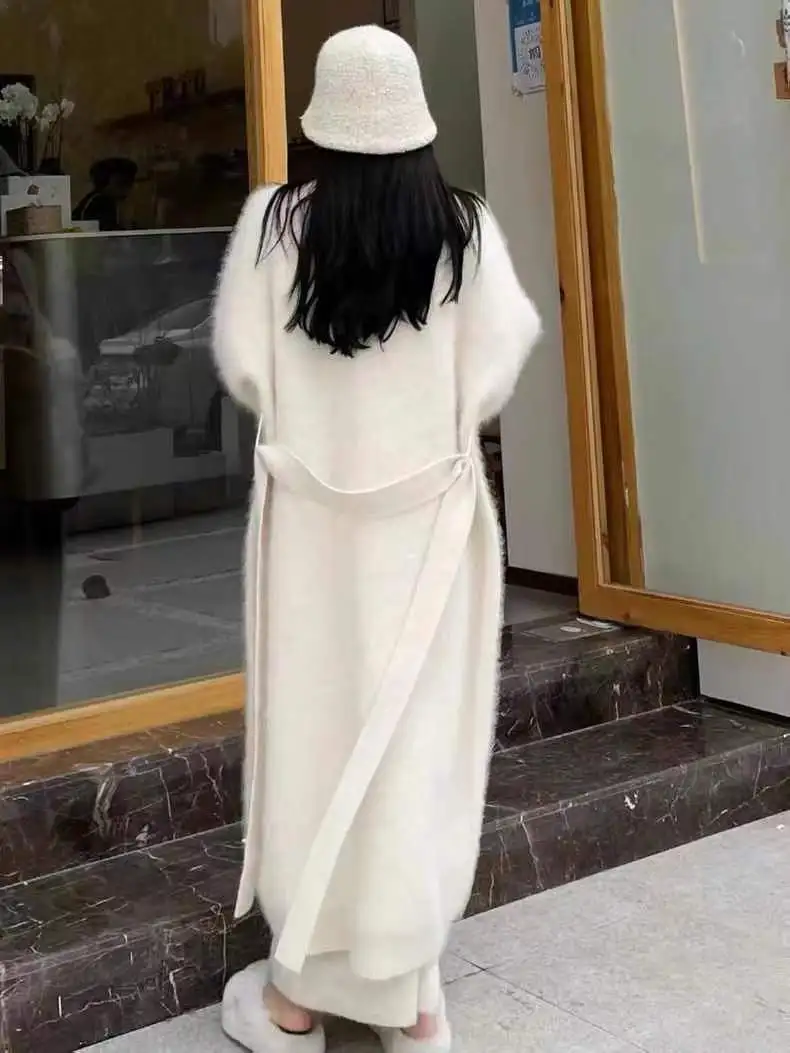 

New Fluffy Mink Cashmere Sweater 2024 Autumn New Sable Long Cardigan with Belt Women's Sweater Loose Thick Knitted Coat C011