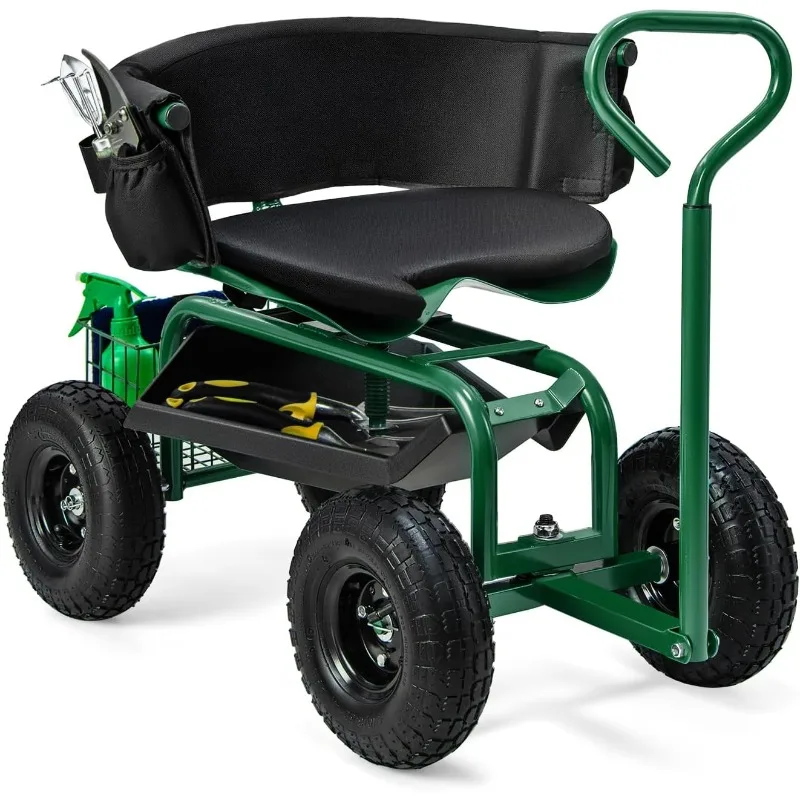 Garden Cart, Outdoor Rolling Garden Scooter W/Adjustable 360 Degree Swivel Seat, Tool Tray & Storage Basket, Extendable