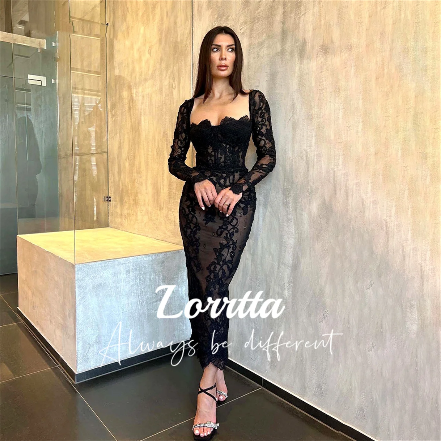 

Lorrtta Black Lace Ball Gown Mermaid Long Sleeve Formal Women's Party Dress Sexy Ankle Midi Evening Gown Dresses Gala Woman Prom