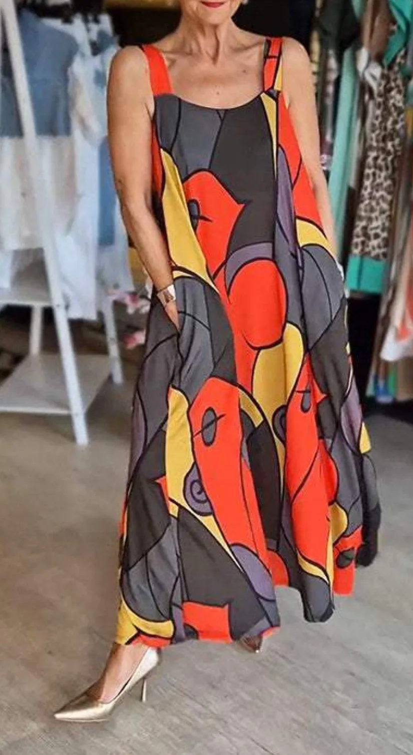 Print Spaghetti Strap Dresses Women Fashion Casual Pocket Loose Long Dress Lady Commuting Clothing Maxi Vestidos 2025 Summer New