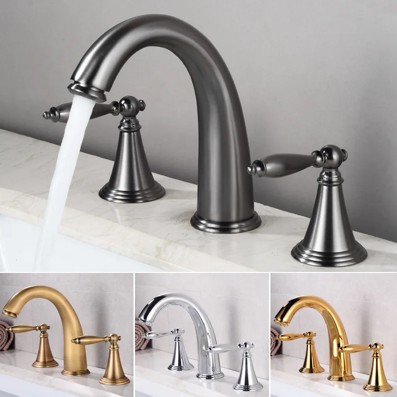 

Bathroom Basin Faucet Brass Dual Handles Mixer Deck Mounted 3 Holes Sink Cold Hot Water Tap Nordic Style Black/Chrome/Gold/Grey