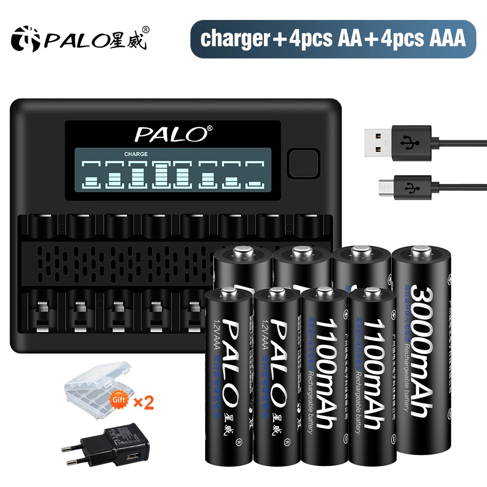 Palo 1.2 V Aa + Aaa Batteria Ricaricabile 3000Mah Aa Lr6 Batterie 1100Mah Lr3 Aaa Batteria + 8 Slot 1.2 V Aa Aaa Caricabatteria