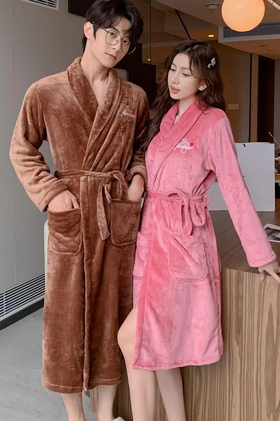 Flannel couple nightgown bathrobe winter thickening and lengthening men and women sexy coral fleece large lapel home service