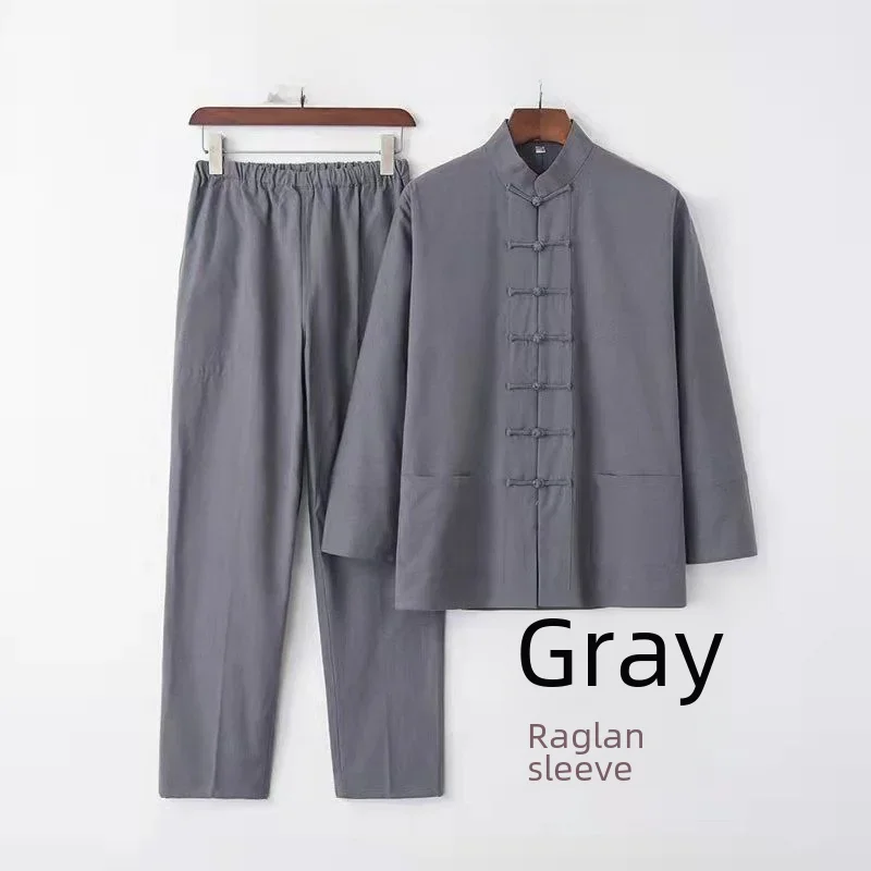 Men Hanfu Suit Vintage Long Sleeve Stand Collar Men's Hanfu Suit For Middle-aged Elderly Raglan Sleeve Traditional Chinese Clothing