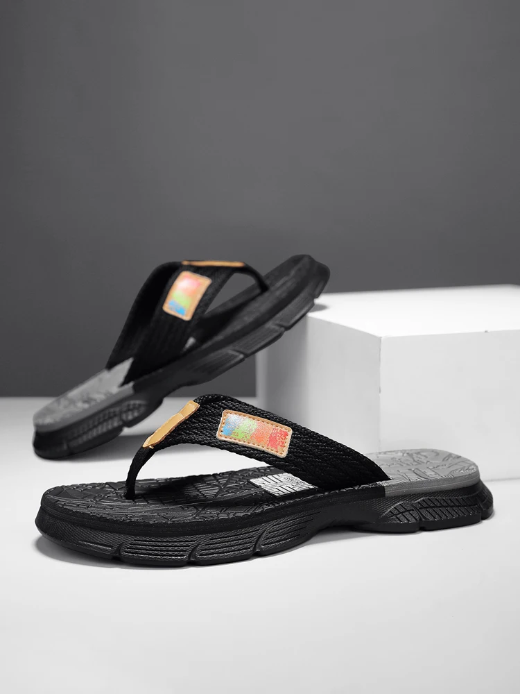 Men’s flip - flops, featuring a knitted upper with a colorful label, a two - colored sole, simple and stylish, in a casual style - 3