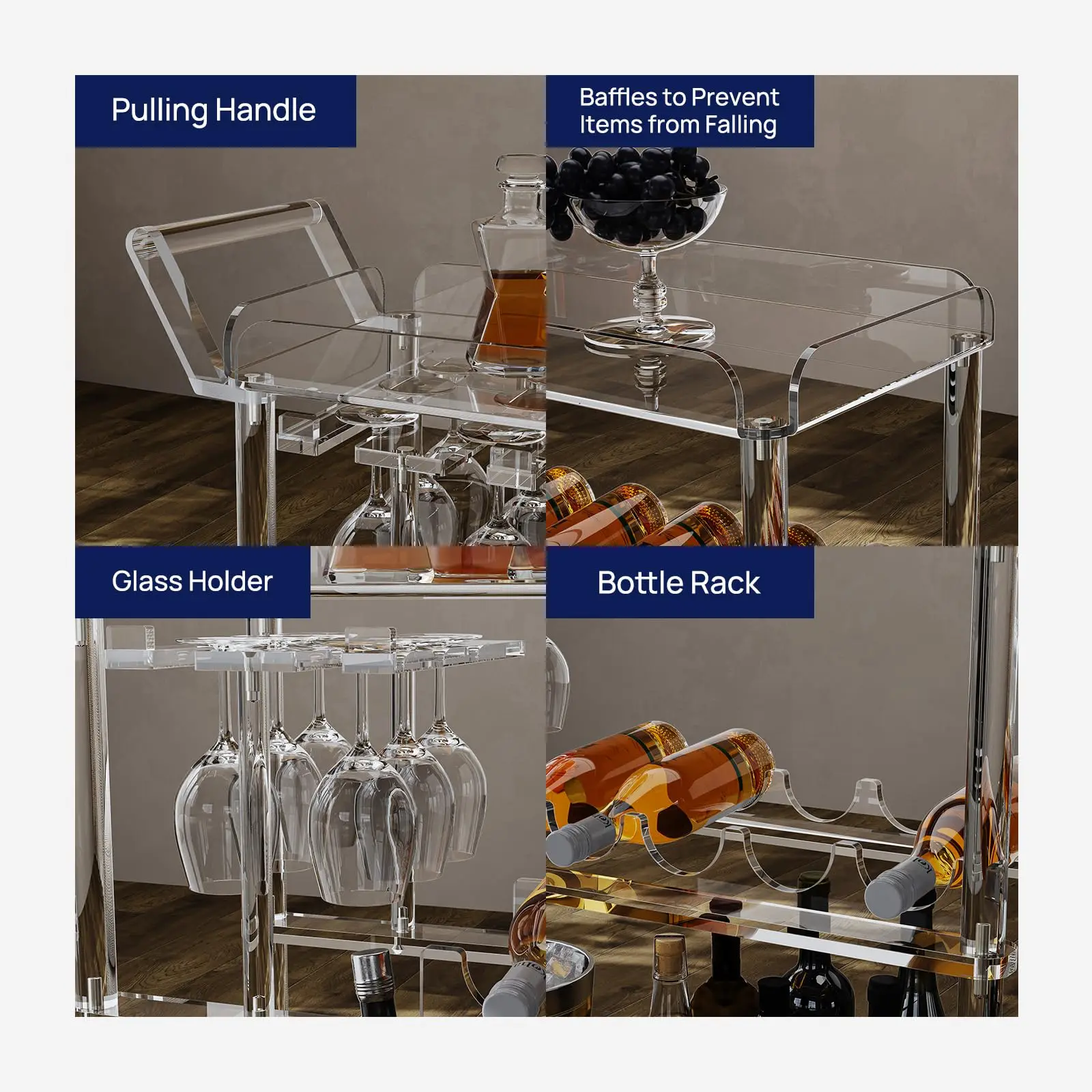 Acrylic Bar Cart with 4 Lockable Wheels, Clear Serving Cart with Wine Rack and Glass Holder, Rolling Beverage for Home, Kit