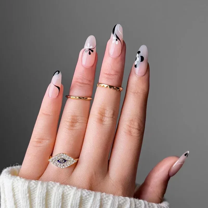 

24Pcs/Box Black Fake Nails Press On Short Flower Nail Tips With Glue Sticker Set Nail Art Nail Supplies New 2022
