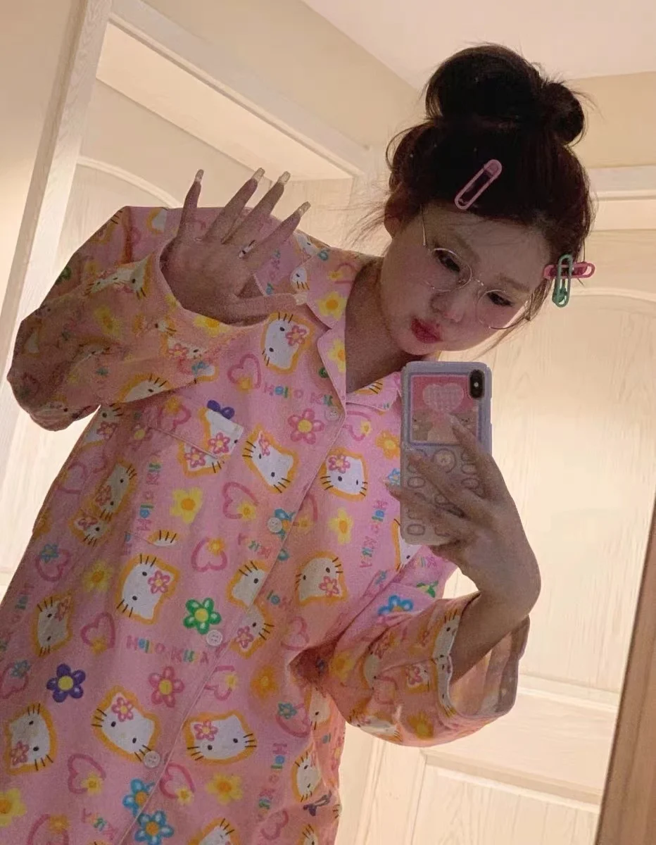 Sanrio Hello Kitty Kuromi pijamas trajes Kawaii Cinnamoroll Melody camisa de manga larga pantalón conjuntos de dos piezas para mujer