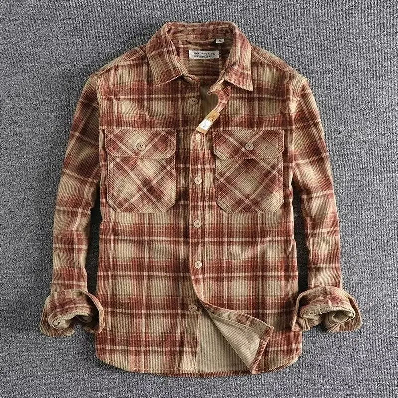 

Y2K Khaki Vintage Spring and Autumn Men's Classic Plaid Long-sleeved Shirt Washed Corduroy Comfortable Literary Trend