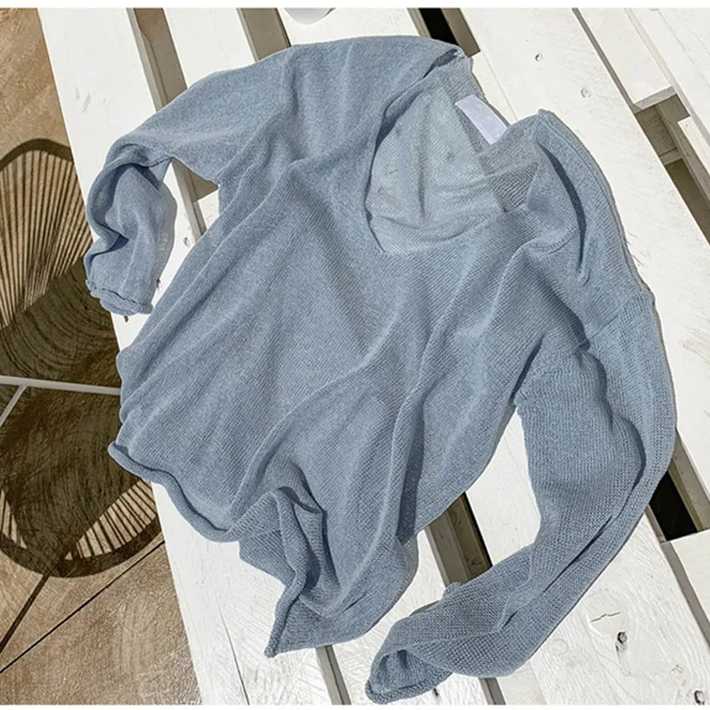 2025 Spring and Summer New Thin Sunscreen Shirt Sexy See Through Blouse Women V-neck Knitted Tops Korean Loose Clothes 9829