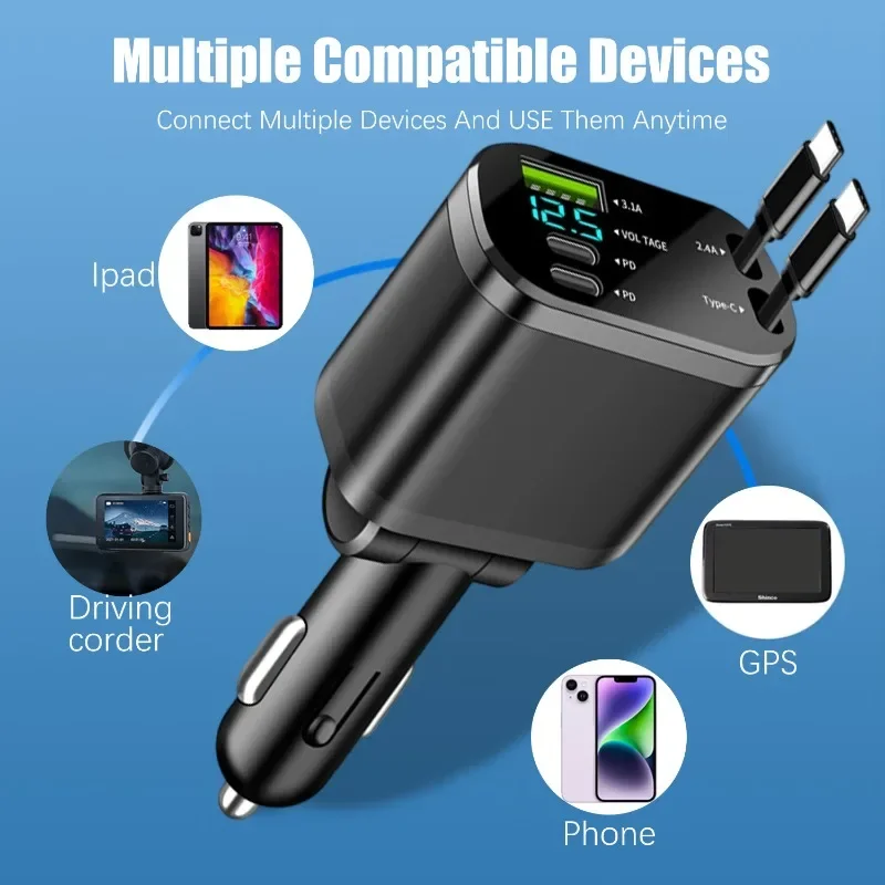 5 in 1 Retractable Car Charger 75W Fast Charging 12-24V Voltage Digital Display Dual Cables for IPhone & Android
