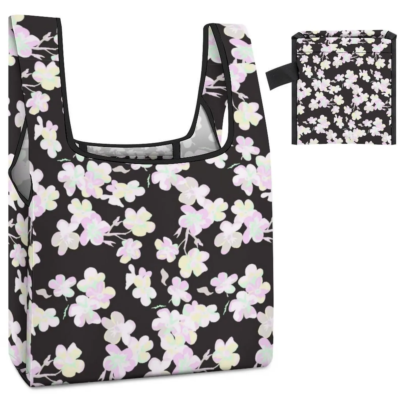 Black Beautiful Flowers Shopping Bag Customized Printed Bags Shopper Shoulder Bag Casual Woman Foldable Handbag Custom Pattern
