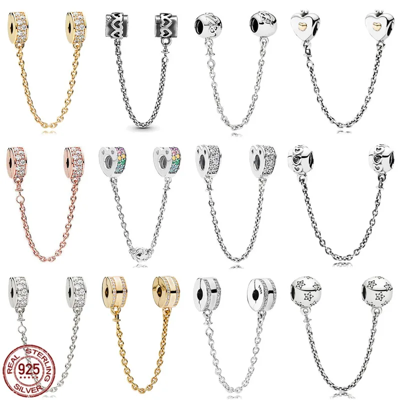 

New Safety Chain 925 Sterling Silver Heart Crown Pentagram Safety Chain Charm Beads fit Original Pandora BraceletDIYFine Jewelry
