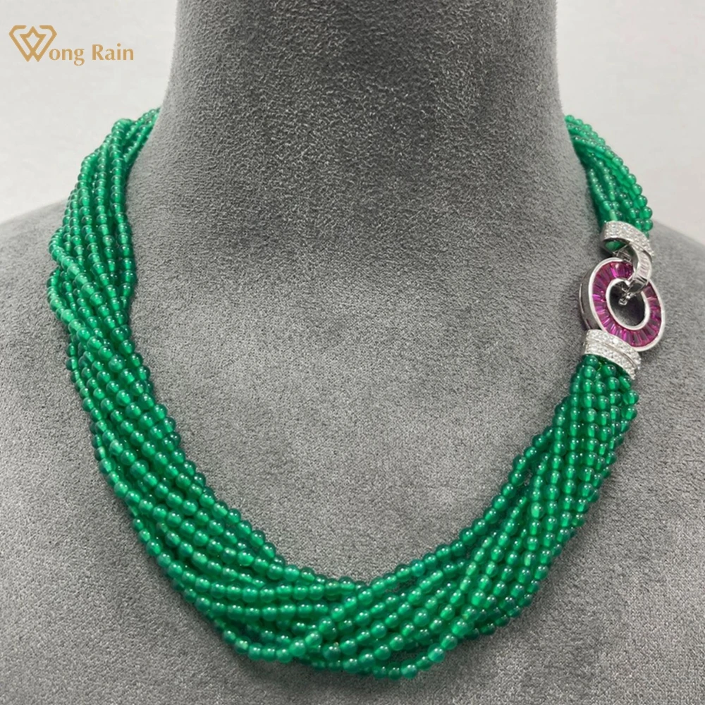 

Wong Rain Vintage 100% 925 Sterling Silver Natural Green Jade Ruby High Carbon Diamond Gems Pendant Necklace For Women Jewelry