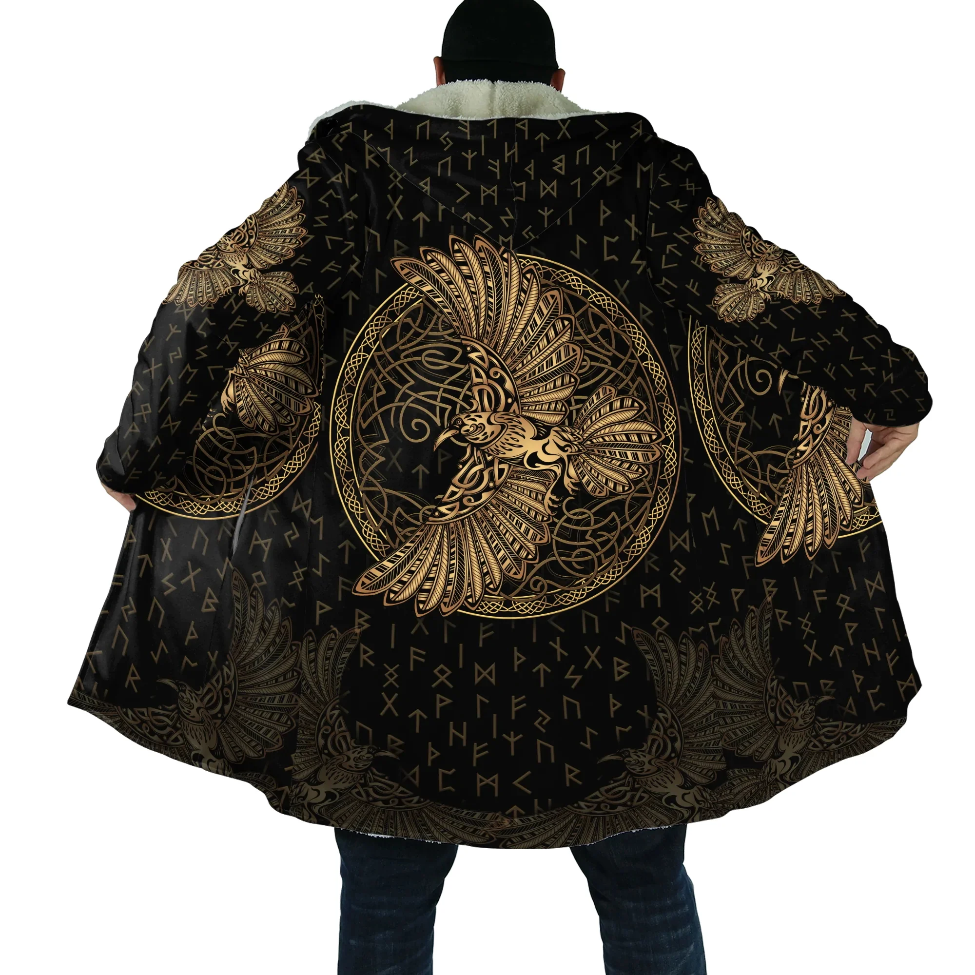 

New fashion men's winter cloak Viking crow tattoo 3D full body printing wool hooded cloak Unisex casual thickened warm cloak