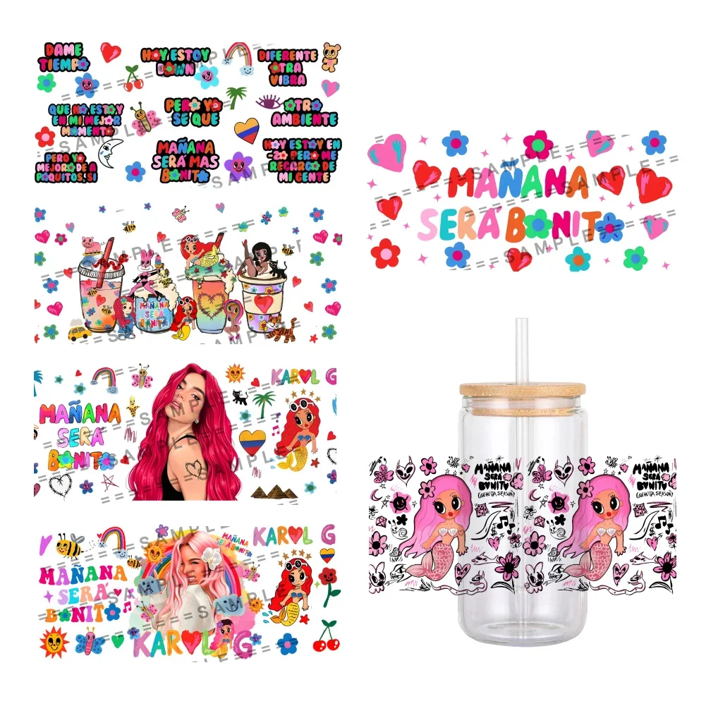 Cartoon Red Hair Karol G Pattern UV DTF Transfer Sticker Waterproof Transfers Decals 16oz Glass Cup Wrap Stickers