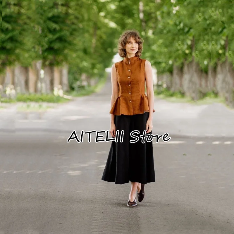 

Women's Vest Linen Solid Color Rustic Style Elegant Single Breasted Stand Collar Slim Skirt Fashion Fit Casual Cropped Top Coat