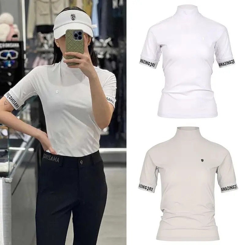 AMAZINGCRE Summer New Women's Golf Top Fashion Simple Slim Stand-up Collar Short-sleeved T-shirt