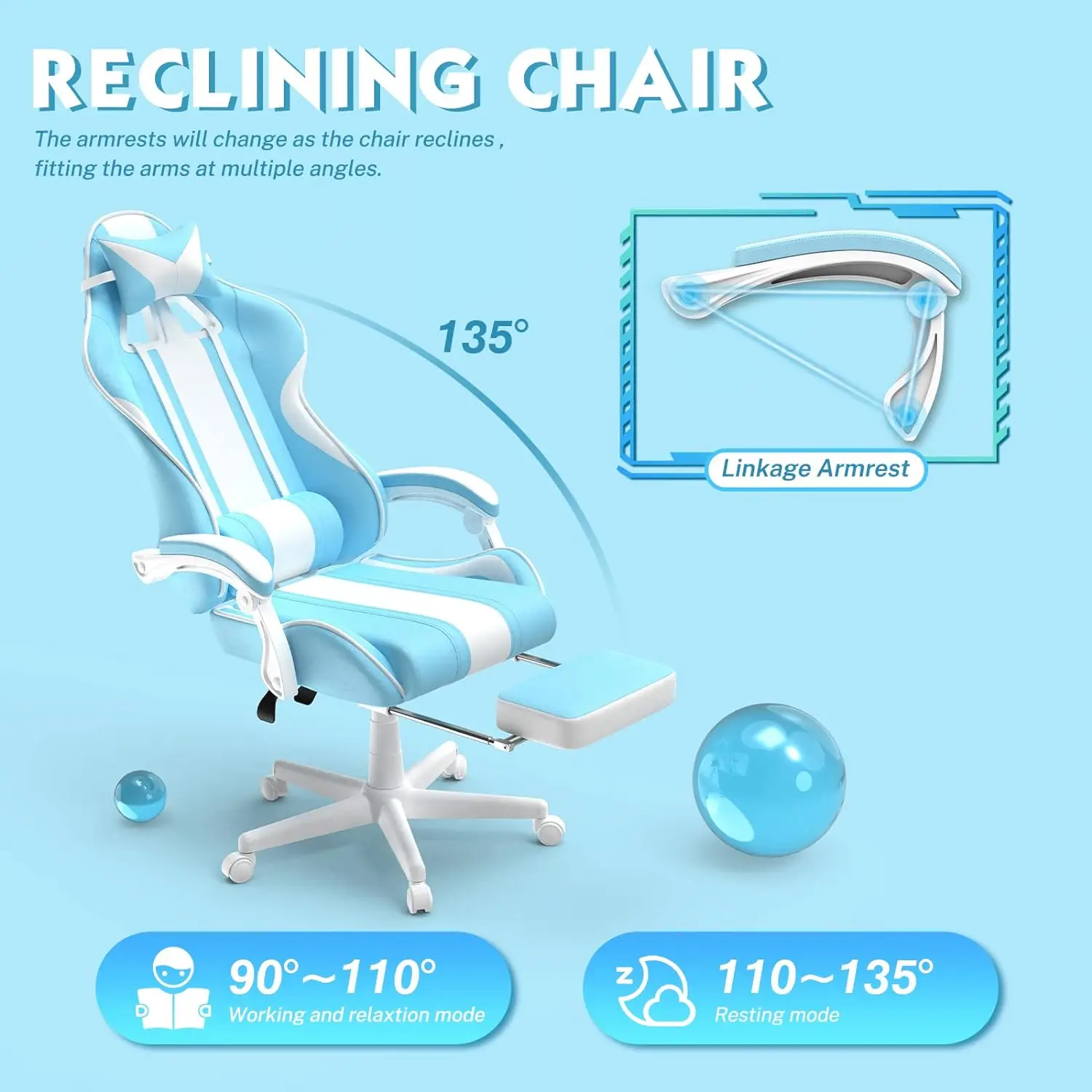 Kawaii Light Blue Gaming Chair with Bunny Ears, Cute Ergonomic Gamer Chair with Footrest and Massage, Racing Reclining Leather C 4