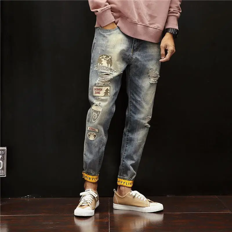 With Print Tapered Men's Jeans Broken Ripped Retro Korean Fashion Man Cowboy Pants Graphic Torn Slim Fit Boot Cut Holes Trousers