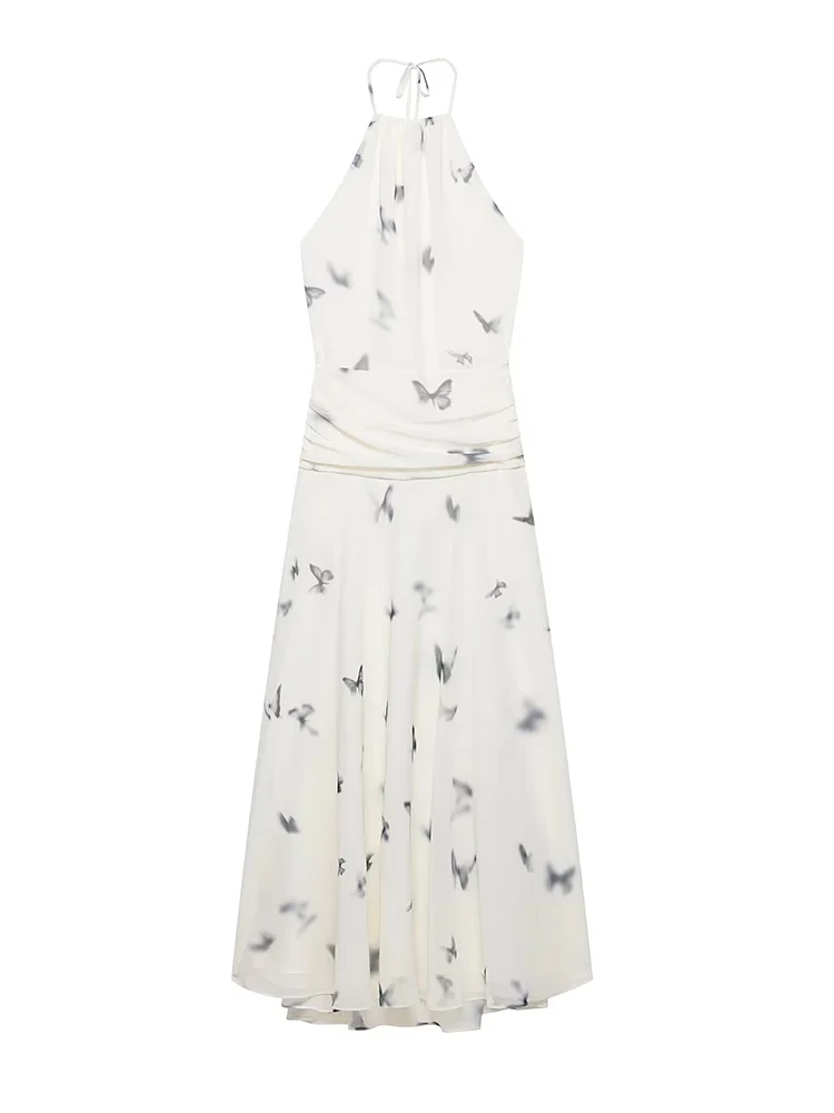 TFMLN Women's Butterfly Print Dresses Elegant Halter Neck Open Back Long Dress Summer Sleeveless Lady Fashion Slim Streetwear