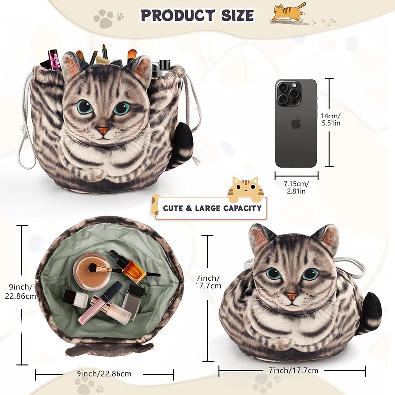Adorable Cat Head 3D Makeup Bag with Drawstring Closure – Perfect Gift for Women Cat Lovers, Versatile Travel Cosmetic Organizer Pouch