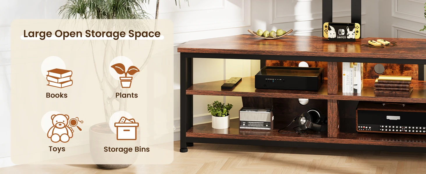 Wooden TV stand with open shelving and storage compartments. Features dark wood finish, metal frame, and multiple sections for organizing books, electronics, and decor items.