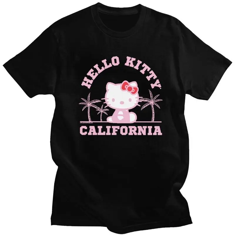 Maglietta Da Uomo Hello Kitty California Palm Trees Magliette A Maniche Corte In Cotone T-Shirt Elegante T-Shirt Grafica Plus Size Clothes
