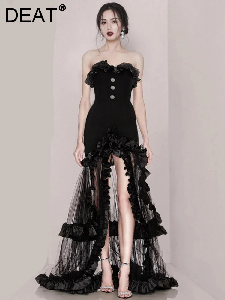 

DEAT Women's Patchwork Lace Perspective Strapless Dress 2024 Summer Solid Color Sleeveless Party Dresses Female Fashion 15C50