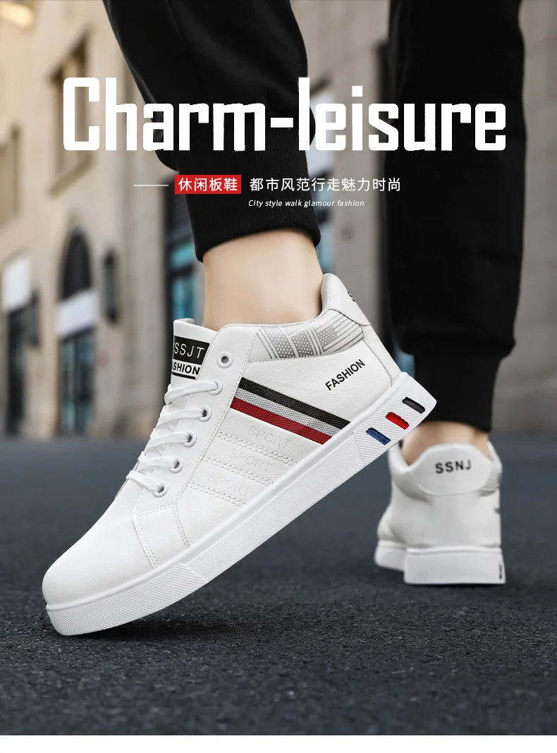 Weiße High-Top-Turnschuhe für Herren, Schnür-Leder-Sportschuhe, große Größe 45, vulkanisierte Herren-Turnschuhe, Tenis-Trainer, männliche Freizeitschuhe – Detail 22