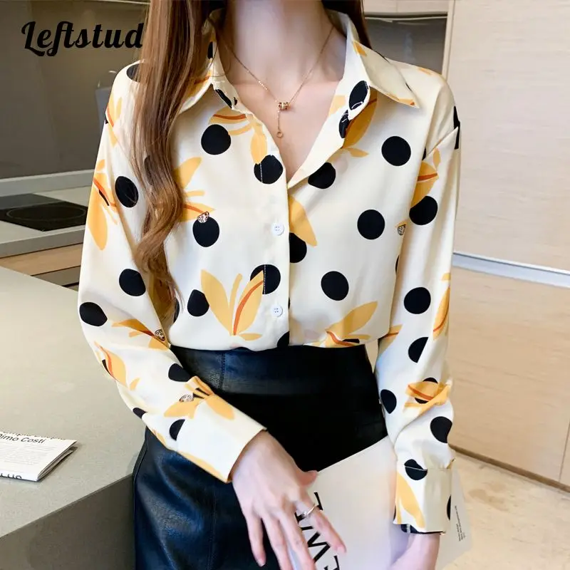 Polka Dot Printing Vintage Chiffon Women's Shirt 2022 Summer Long Sleeve Korean Fashion Turn-down Collar Single Breasted Blouses