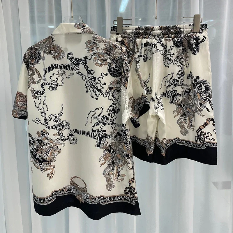 2024 Summer New Vintage Palace Flower Print Men's Beach Short Sleeved Shirt  and Shorts Suit Streetwear Silk Shirts