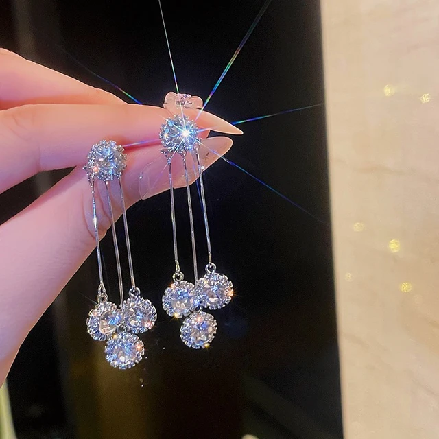 Luxurious Round Rhinestone Tassel Dangle Stud Earrings For Women Shiny Temperament Gold Silver Color Earrings 2022 New Jewelry 1