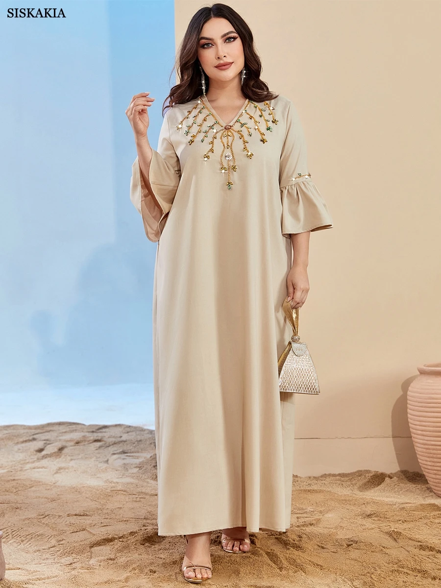 

Siskakia Fashion Plus Size Muslim Women Clothes Chic Basic Solid Rhinestone Flare Sleeve V-Neck Casual Loose Turkish Dresses