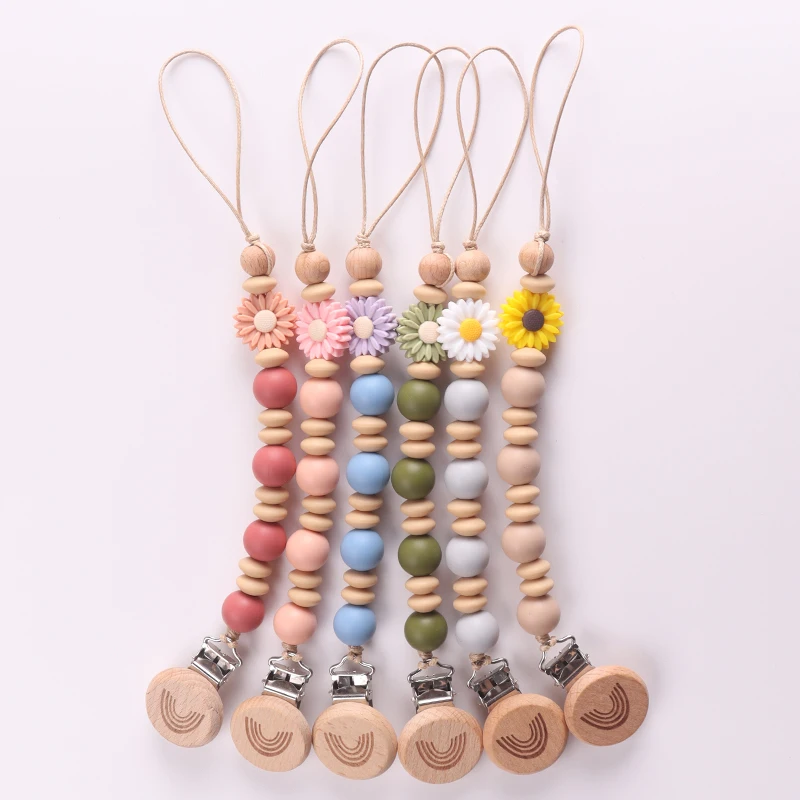 Daisy Flower Baby Pacifier Clips Babies Soothing Beech Silicone Anti Drop Pacifier Chain