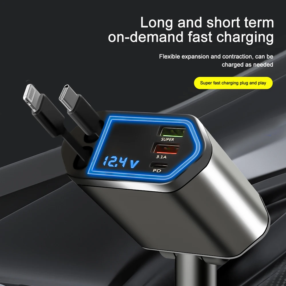 Adattatore di ricarica rapida 4 in 1 per auto da 120 W con cavo retrattile, porte USB di tipo C, caricabatterie per telefono per iPhone, Samsung, Huawei_voghion.com