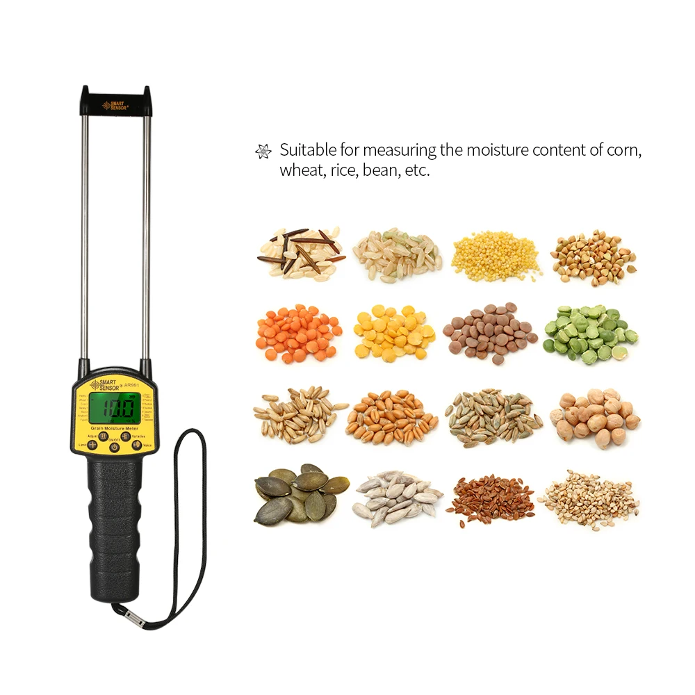 SMART SENSOR Handheld LCD Digital Grain Moisture Meter Hygrometer with Measuring Probe For Corn Wheat Rice Bean