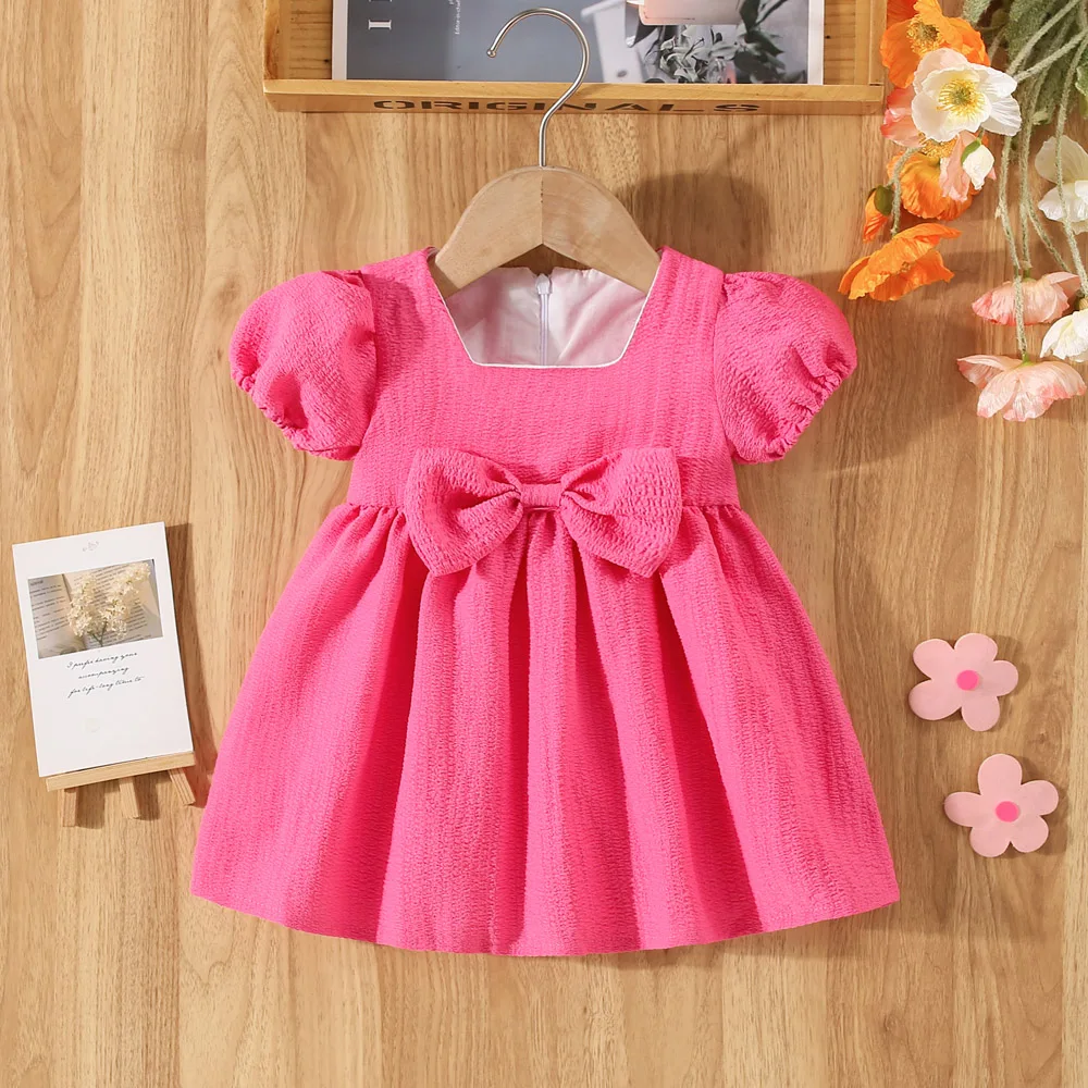 Summer Baby Girl'S Dress Solid Color Round Neck Bow For Ladies Daily Wear Knee Length