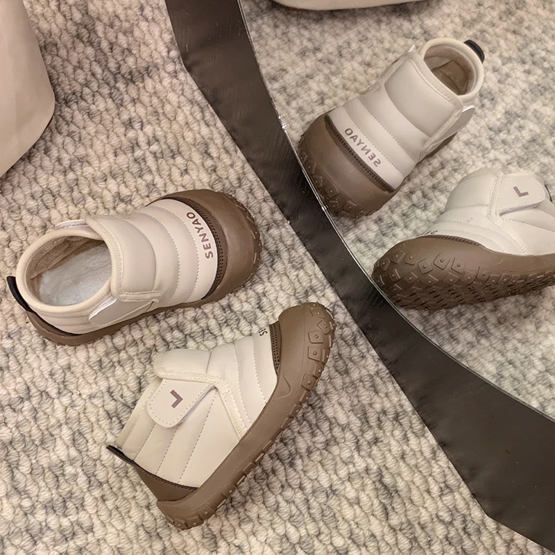 Baby Autumn/Winter Fashionable Round Toe Plus Velvet Soft/Warm Cute Thick-soled Short Boots Kids Lightweight One-piece Snow Boot