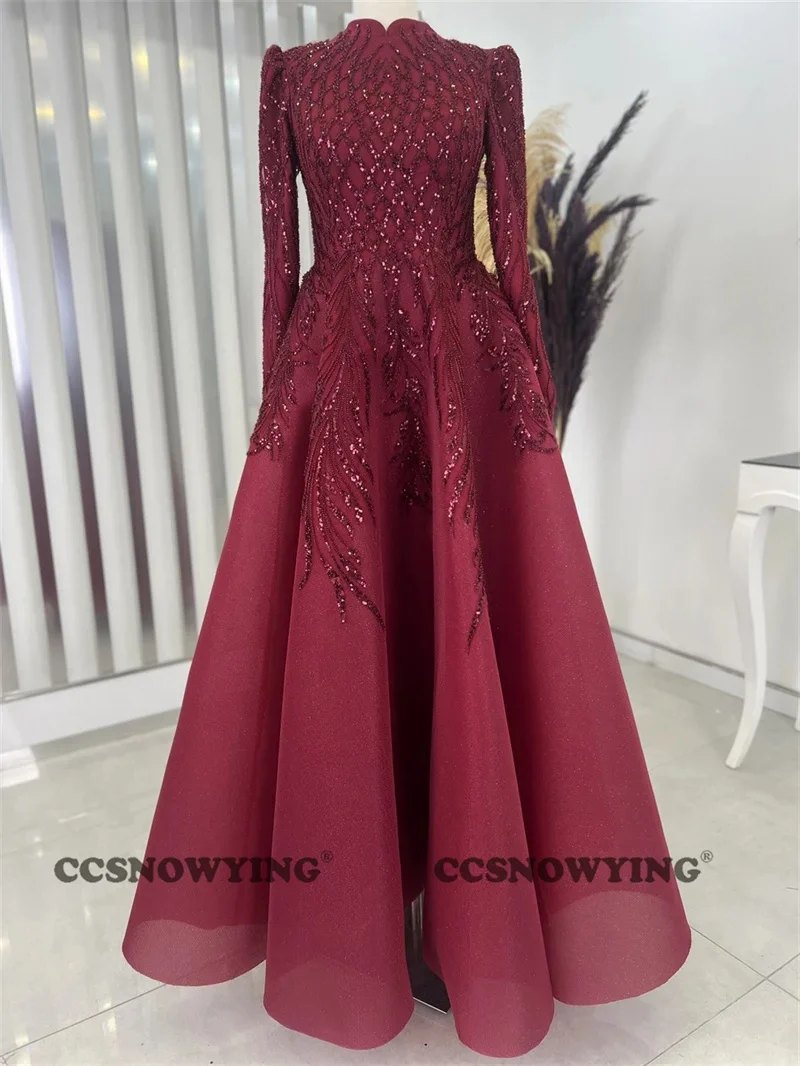 

Burgundy Organza Appliques Long Sleeve Muslim Evening Dress Islamic Arabic Dubai Hijab Prom Formal Party Gown Moroccan Caftan