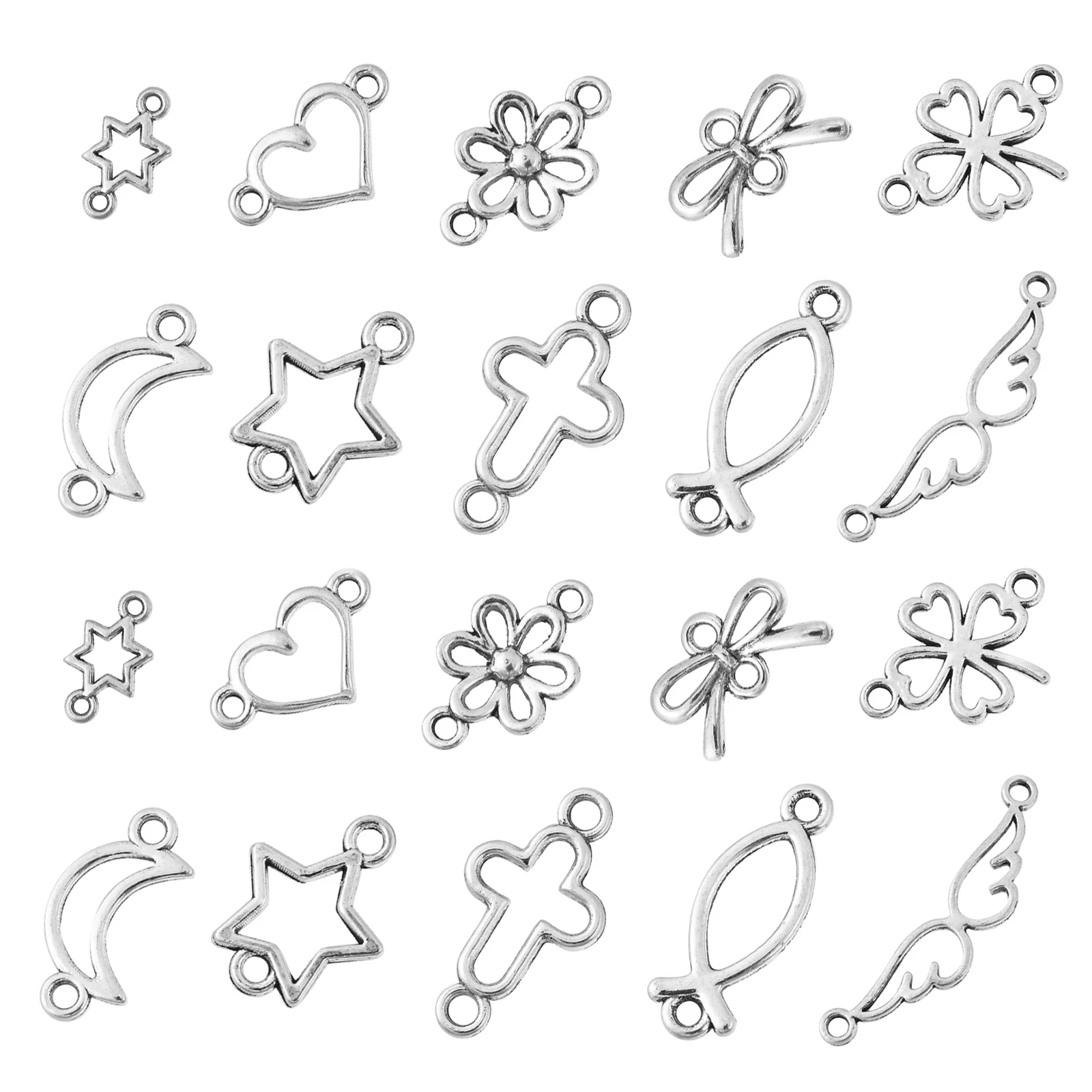 

PandaHall 100Pcs 10 Styles Hollow Connector Star Heart Flower Cross Shape Tibetan Silver Connector Charms for Jewelry Making DIY